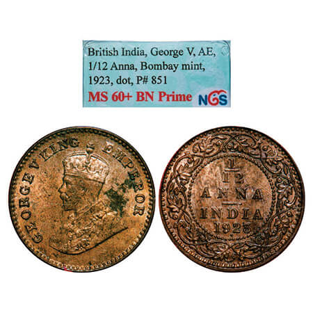 George V, Bronze, 1/12 Anna, 1923, Bombay Mint, Dot. GK1233. NGS Slabbed MS 60+ BN Prime. 
