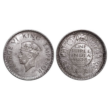 George VI, Silver, Rupee, 1938, Bombay Mint, A/I, Dot, Milled edge. GK 1255. About Uncircu