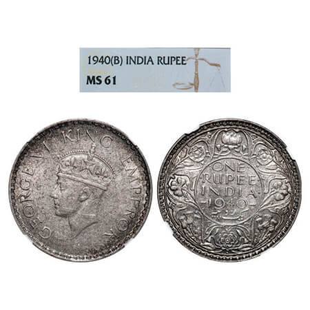 George VI, Half Silver, Rupee, 1940, Bombay Mint, A(a)/I, Dot, Security edge. GK 1258. NGC