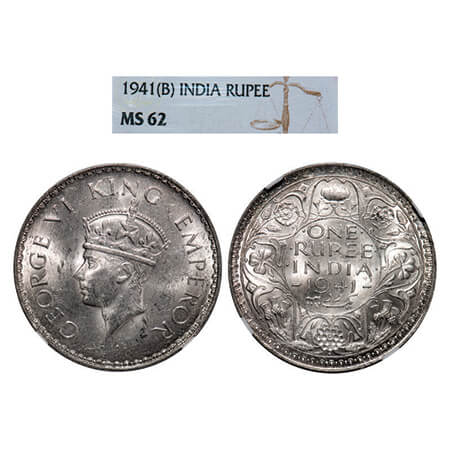 George VI, Half Silver, Rupee, 1941, Bombay Mint, A(a)/I, Dot, Security edge, At Rev borde