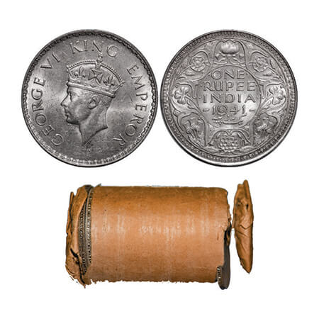 George VI, Half Silver, Rupee, 1941, Roll of 20 coins in a brown paper with Emmaculate Gra