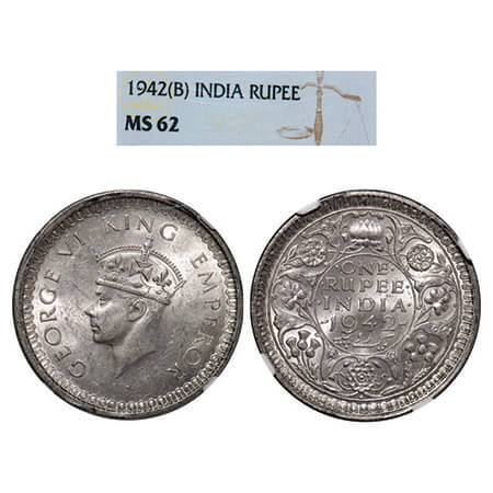 George VI, Half Silver, Rupee, 1942, Bombay Mint, B(a)/II, Diamond, Security edge, Die var