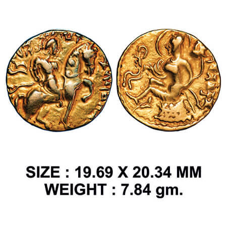 Guptas, Chandragupta II, Gold Dinar, 7.84g, Horseman Type, Obv: King riding a caprisoned h
