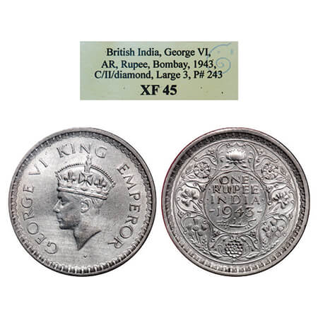 George VI, Half Silver, Rupee, 1943, Bombay Mint, C/III,Diamond mint mark, Security edge, 