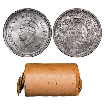George VI, Half Silver, Rupee, 1945, Roll of 20 coins in a brown paper with Emmaculate Gra