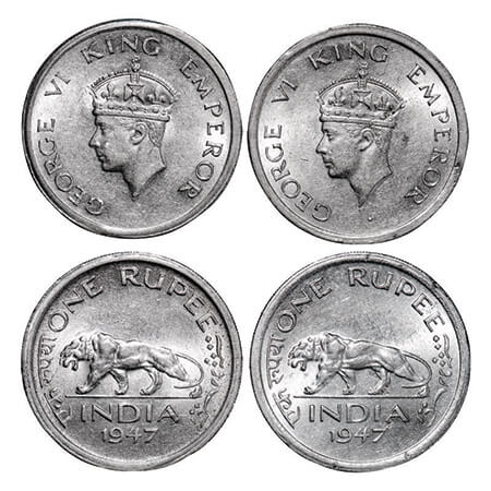 George VI, Nickel, Rupee, (2 coins), 1947, Lahore Mint, E/IV, No mint mark, Security edge.