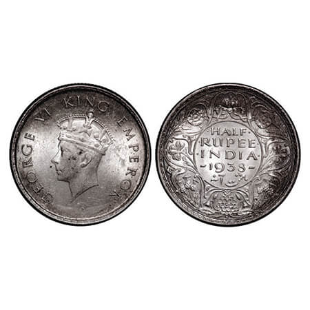 George VI, Silver, Half Rupee, 1938, Bombay Mint, A/I, Head Type I, Dot, Milled edge. GK 1