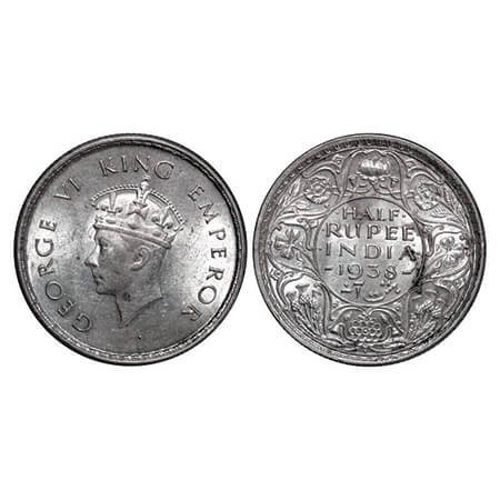 George VI, Silver, Half Rupee, 1938, Bombay Mint, A/I, Head Type I, Dot, Milled edge. GK 1