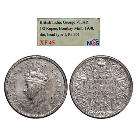 George VI, Silver, Half Rupee, 1938, Bombay Mint, A/I,Dot, Head Type I, Milled edge. GK 12