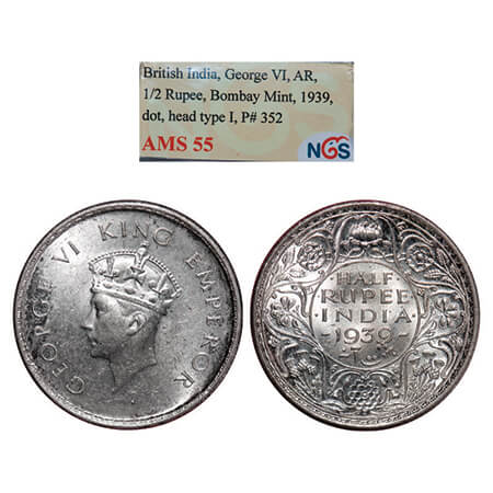 George VI, Silver, Half Rupee, 1939,Bombay Mint, A/I, Dot, Head Type I, Milled edge. GK129