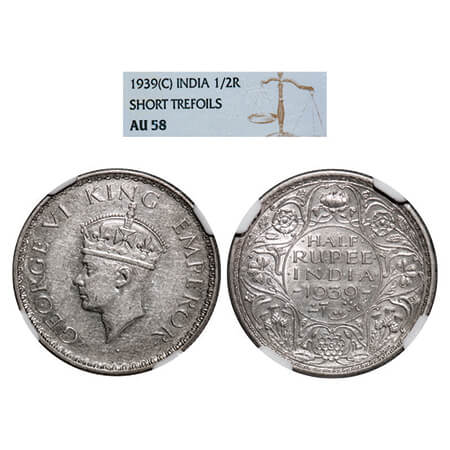 George VI, Silver, Half Rupee, 1939, Calcutta Mint, A(a)/I, No dot, Milled edge. GK 1298. 