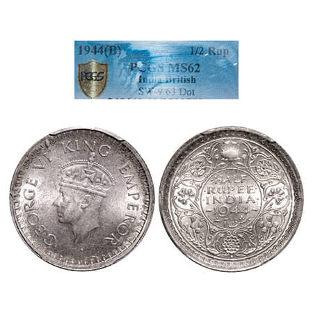 George VI, Half Silver, Half Rupee, 1944, Bombay Mint, B/III, Head Type II, Dot, Security 