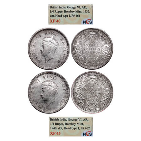 George VI, Mix Metal, 1/4 Rupee, (2 slabs), 1) 1939, Silver, 2) 1940, Half Silver, Bombay 