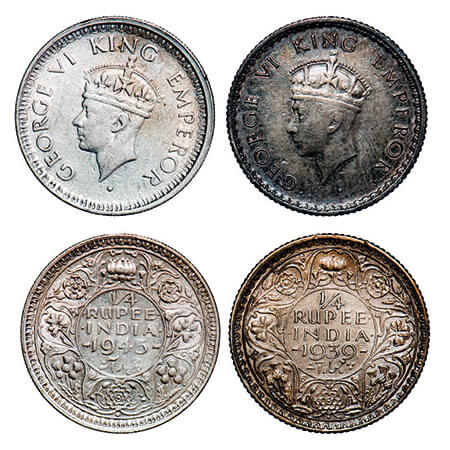 George VI, Mix Metal, (2 coins), 1/4 Rupee, Bombay Mint, 1) Silver, 1939, Head Type I, Rev