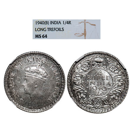 George VI, Half Silver, 1/4 Rupee, 1940, Bombay Mint, Head Type I, Rev I, Dot, Milled edge