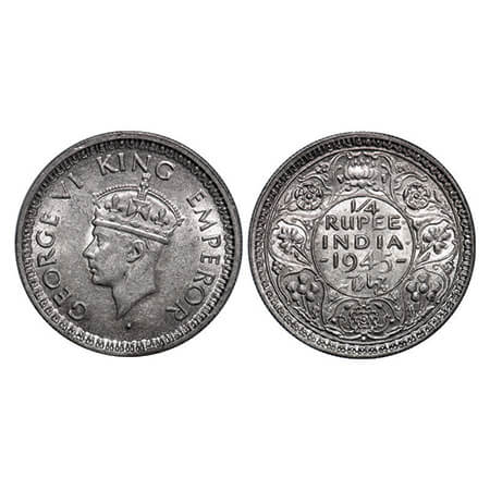 George VI, Half Silver, 1/4 Rupee, 1945, Bombay Mint, Rev II,Head Type II, Dot, Security e