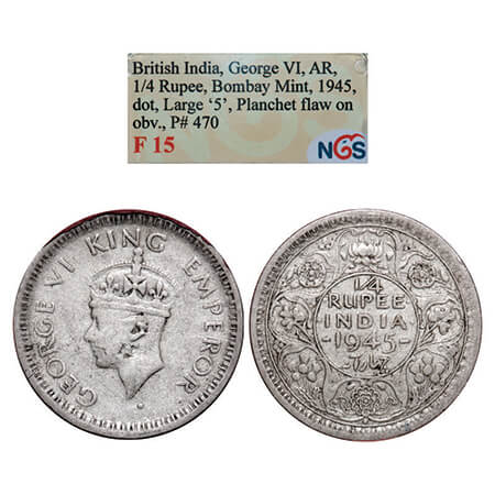 George VI, Half Silver, 1/4 Rupee, 1945, Bombay Mint, Rev II, Head Type II, Dot, Security 