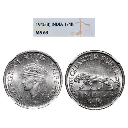 George VI, Nickel, 1/4 Rupee,1946, Bombay Mint, Head Type II, Rev I, Diamond mint mark, Mi