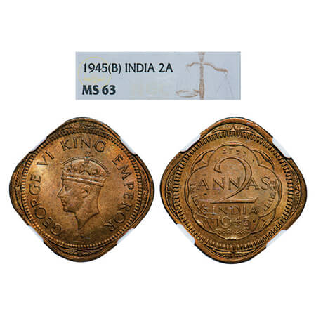George VI, Nickel-Brass, 2 Annas, 1945, Bombay Mint, Head Type II, Dots by year, Tip of cr