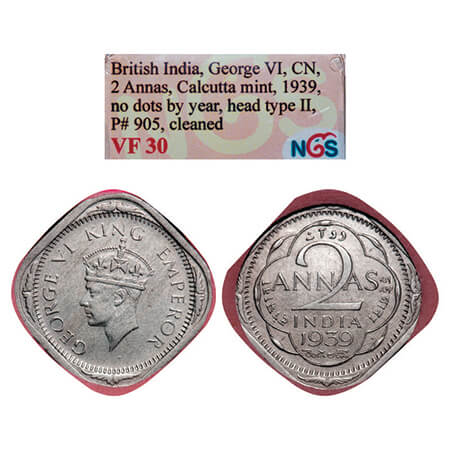 George VI, Copper-Nickel, 2 Annas, 1939, Calcutta Mint, Head Type II, No dots by year. GK 