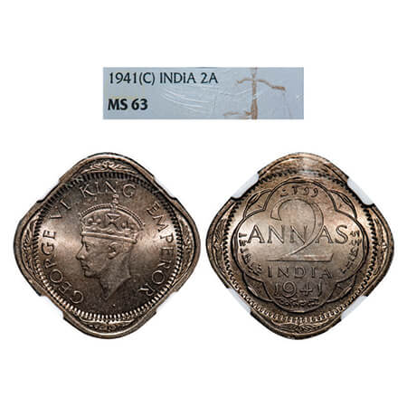 George VI, Copper-Nickel, 2 Annas, 1941, Calcutta Mint, Head Type II, No dots by year. GK 