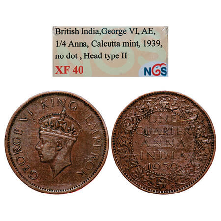 George VI, Bronze, Quarter Anna, 1939, Calcutta Mint, Head Tpe II, No dot. GK 1424. NGS Sl