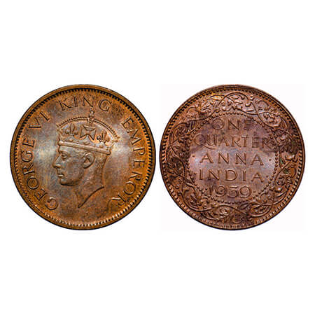 George VI, Bronze, Quarter Anna, 1939, Calcutta Mint, Head Tpe II, No dot. GK 1424. Genuin