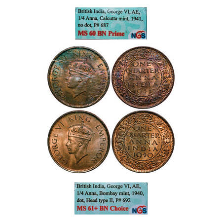 George VI, Bronze, Quarter Anna, (2 slabs), 1) 1940, Bombay Mint, Head Type II, Dot, 2) 19