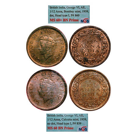 George VI, Bronze, 1/12 Anna, (2 slabs), 1939, 1) Bombay Mint, Head Type I, Dot, 2) Calcut