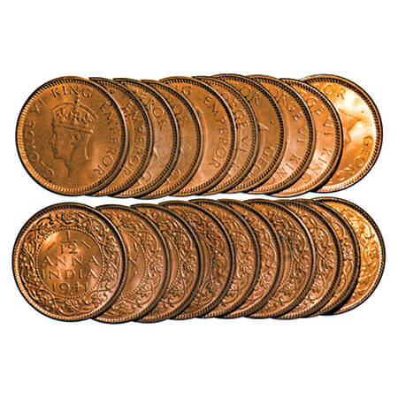 George VI, Bronze, 1/12 Anna, (Lot of 10 coins), 1941, Bombay Mint, Head type II, Dot. GK 