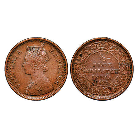 Dhar, Copper ½ Pice, 2.95g, Anand Rao III, AD 1887, bust of Victoria Empress on obv. KM 12