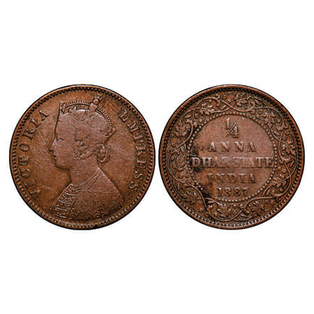 Dhar, Copper ¼ Anna, 6.32g, Anand Rao III (1860-1898 AD), 1887 AD, bust of Victoria Empres