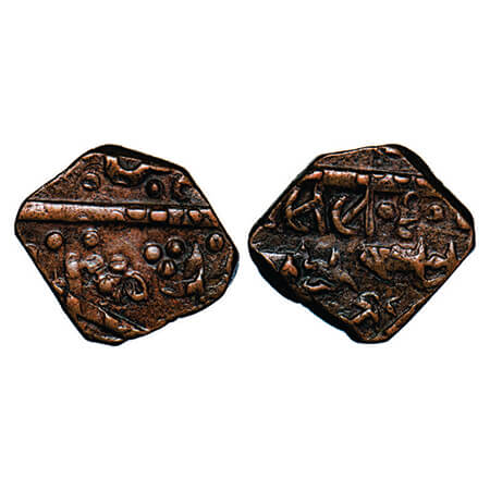 Lunawada, Copper Paisa, 7.96g, Dalel Singhji, Obv: sword and ruler's name engraved twice, 