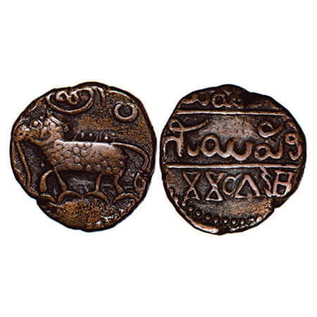Mysore, Copper 20 Cash, 8.88g, Krishna Raja Wodeyar (c. 1810-1868 AD), Obv: Elephant below