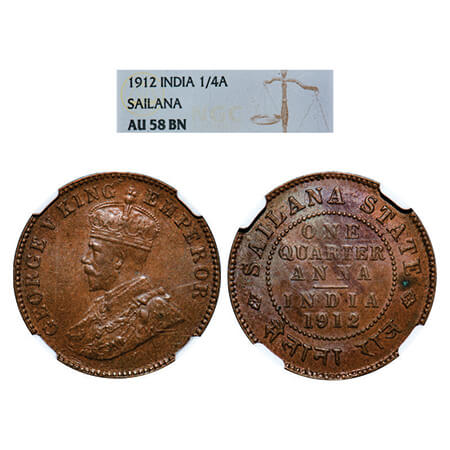 Sailana, Copper ¼ Anna, Jaswant Singh (1890-1919 AD), 1912 AD, bust of George V on obv. KM