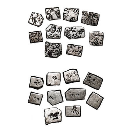 Mauryan Period, Punch Marked, Silver Karshapana (10 coins), Five symbol type including sun