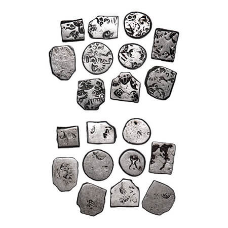 Mauryan Period, Punch Marked, Silver Karshapana (10 coins), Five symbol type including sun