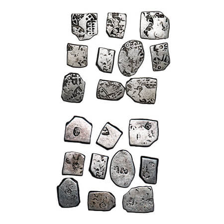 Mauryan Period, Punch Marked, Silver Karshapana (10 coins), Five symbol type including sun
