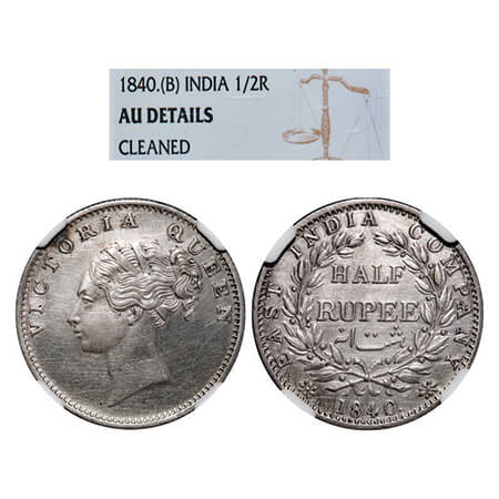 Victoria Queen, Silver, Half Rupee, 1840, CL, Calcutta Mint, B/I, Wreath with 19 Berries (