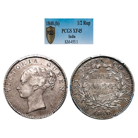 Victoria Queen, Silver, Half Rupee, 1840, CL, Bombay Mint, A/I, Wreath with 19 Berries (9L