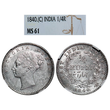Victoria Queen, Silver, 1/4 Rupee, 1840, CL, Calcutta Mint, C/II, Indian head, Wreath with