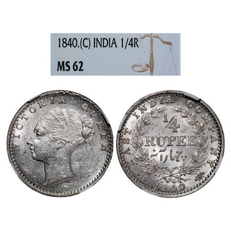 Victoria Queen, Silver, 1/4 Rupee, 1840, CL, Calcutta Mint, C/II, Indian head, Wreath with