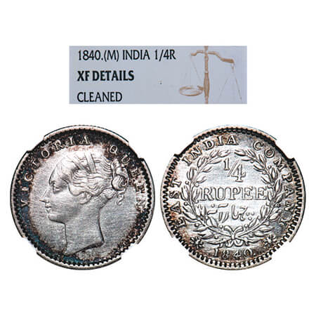 Victoria Queen, Silver, 1/4 Rupee, 1840, CL, Madras Mint, A(a)/I, 'S' incused, Normal 'S',