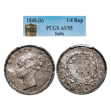 Victoria Queen, Silver, 1/4 Rupee, 1840, CL, Bombay Mint, B/I, English head with modified 