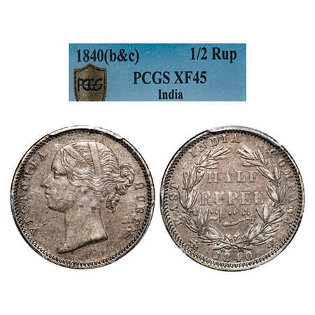 Victoria Queen, Silver, Half Rupee, 1840, DL, Calcutta Mint, .W.W incused, Wreath with 24 