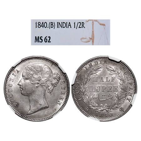 Victoria Queen, Silver, Half Rupee, 1840, DL, Bombay Mint, W.W. incused, Wreath with 24 Be