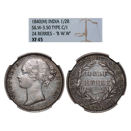 Victoria Queen, Silver, Half Rupee, 1840, DL, Madras Mint, 'B' raised, W.W. incused, Wreat