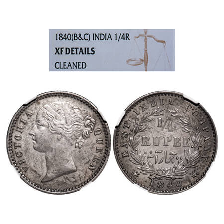 Victoria Queen, Silver, 1/4 Rupee, 1840, DL, Calcutta Mint, W.W. raised, Numeral '4' w/o s