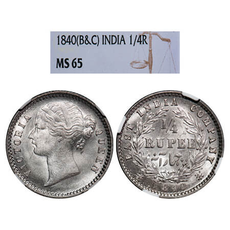 Victoria Queen, Silver, 1/4 Rupee, 1840, DL, Calcutta Mint, W.W. raised, Wreath with 10 Be