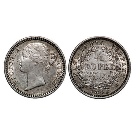 Victoria Queen, Silver, 1/4 Rupee, 1840, DL, Madras Mint, W.W. 'S' raised, Wreath with 10 